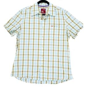 Hollister XL White Brown Teal Plaid Short Sleeve Button Up Preppy Casual